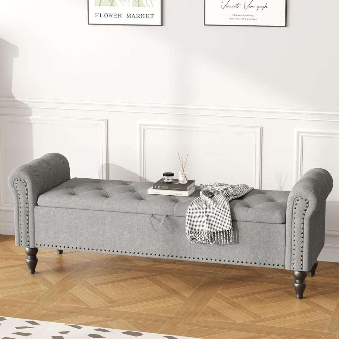 panche contenitore grigio legno massello per letto con schienale